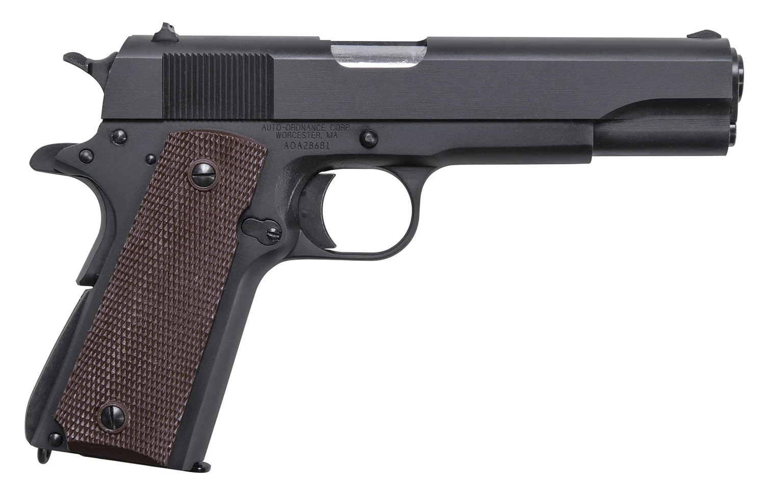 Auto-Ordnance 1911BKOMA 1911 A1 GI Spec *MA Compliant 45 ACP 7+1, 5" Stainless Steel Barrel, Matte Black Serrated Carbon Steel Slide & Frame w/Beavertail, Brown Checkered Polymer Grip