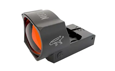 a black object with orange lens