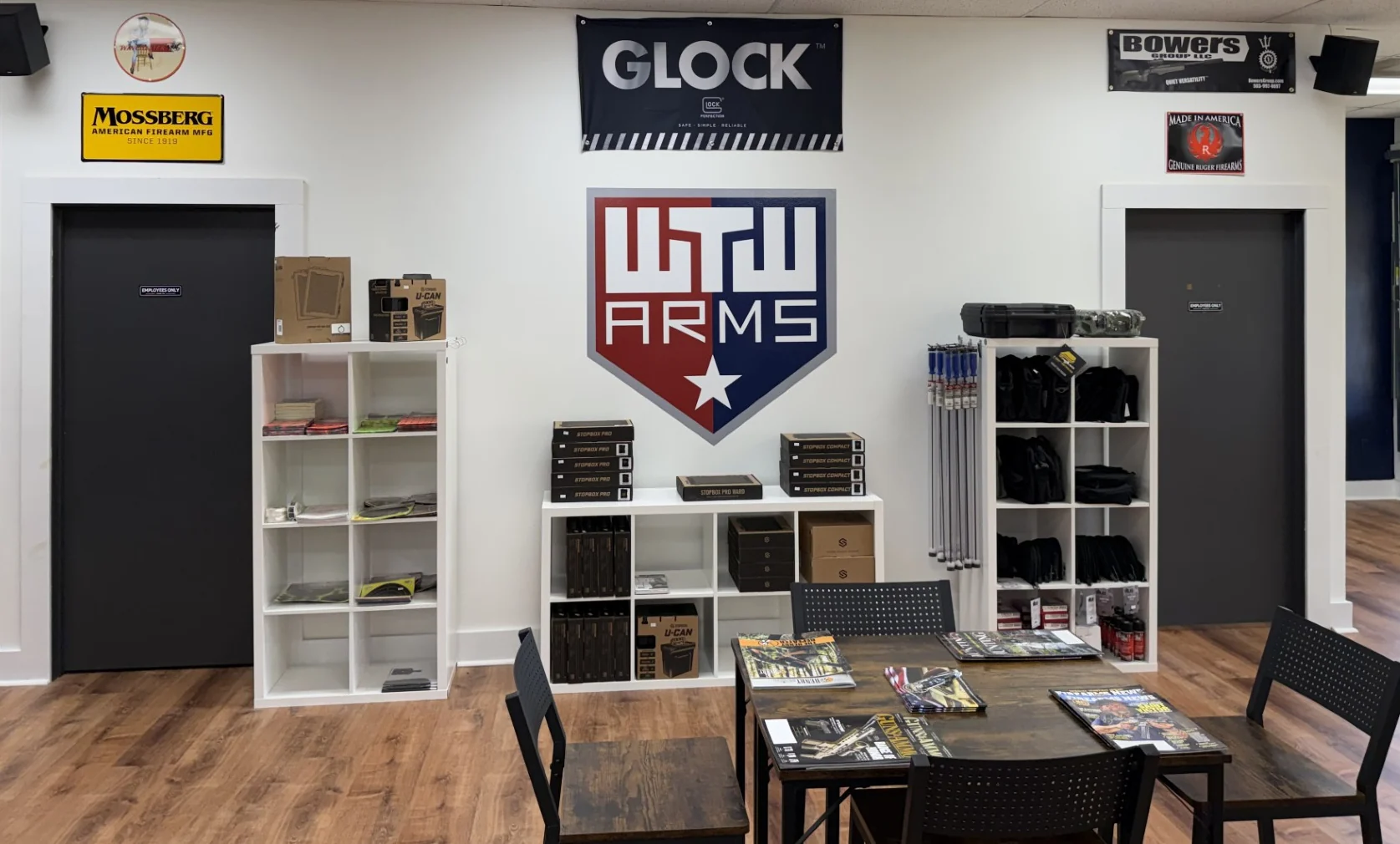 WTW Arms logo above the seating area inside the North Haven store